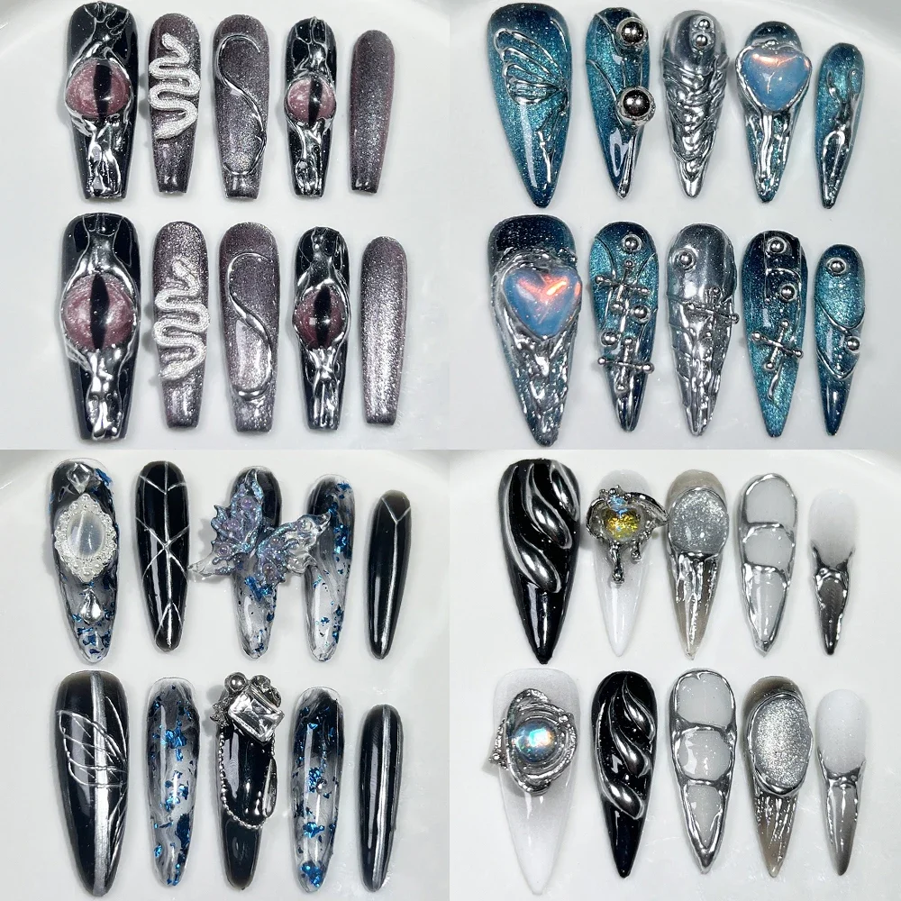 

10Pcs Y2K Punk Style Handmade Long Stiletto Coffin Press On Nails Silver Magic Mirror Powder Flowers Butterfly Full Cover Nail