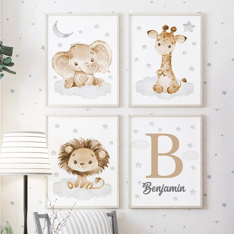 Elephant Giraffe Lion Custom Baby Name Nursery Wall Art Canvas Painting Nordic Posters And Prints Pictures Kids Room Home Decor