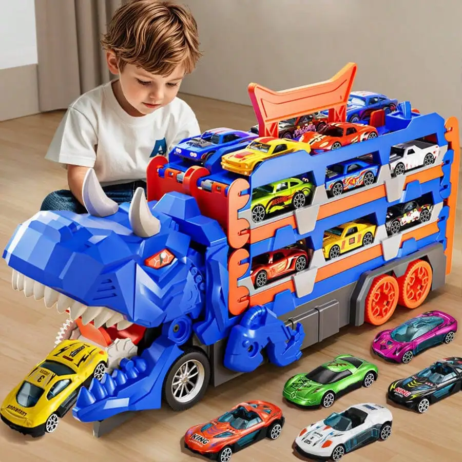 NewBandMo Toddler Truck Toys For 3 To 6 Years Old Boys, Toys Cars Track Set Dinosaur Transporter Truck With 12 Die-Cast Car Toys, Transforms Into Dino, Four Wheeler Toddler Car Toys Set For Kids Boys Girls,Birthday Gifts, Christmas Gifts