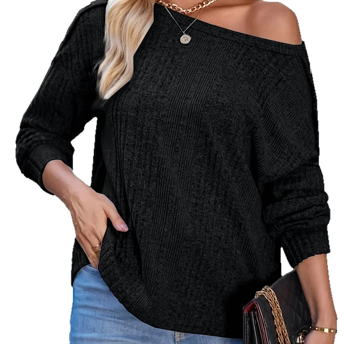 Womens Solid Knit For Top with Single Shoulder Structure Long Sleeves and Button Accent for Yoga Cycling Travel and Daily Use