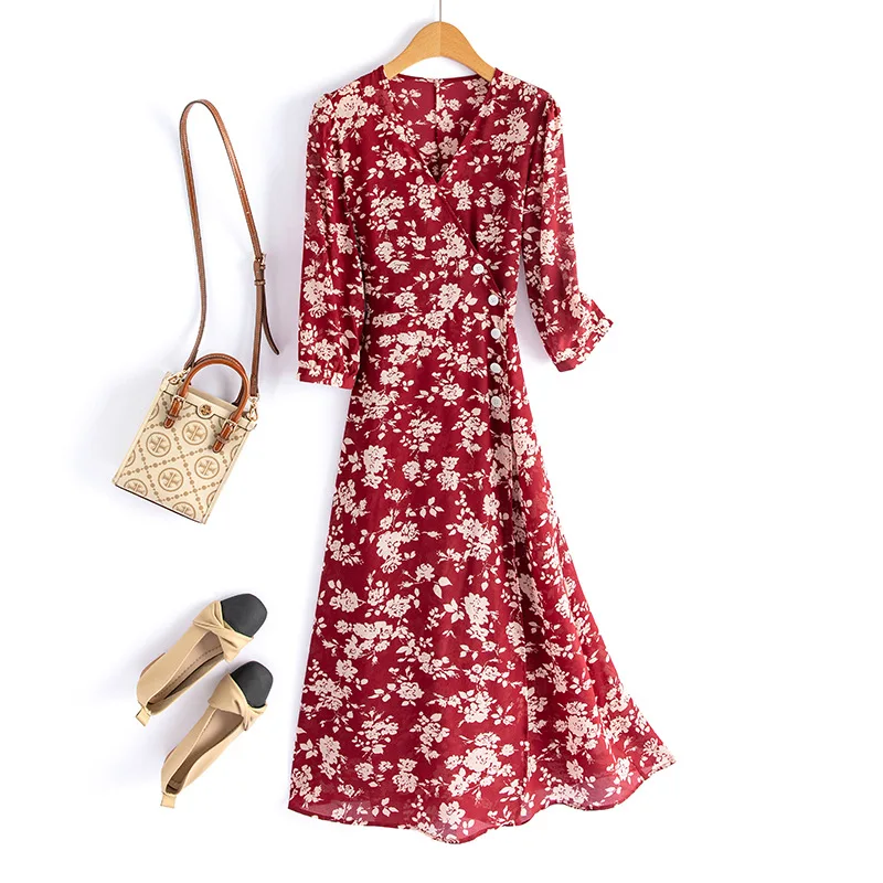 

Silk Dress Summer New 2024 Women French Temperament V-neck Five-point Sleeve Printed Mulberry Silk Tea Break Dress