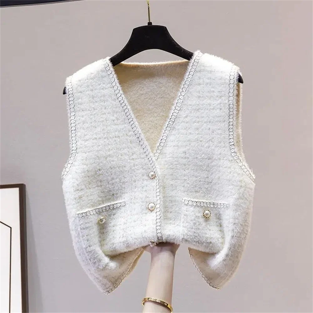 Elegant Imitation Mink V-neck Single-breasted Cardigan Knitting Vest All-match Soft Warm Sleeveless Jacket Simple Sweater Coats