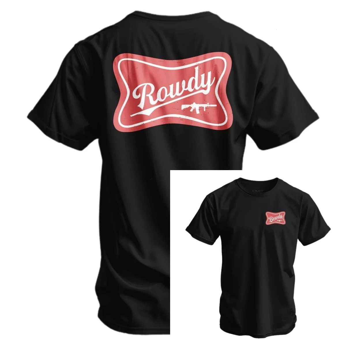 Unique Rowdy Gun Badge Graphic T‑Shirt Retro Red Tag Rifle Print Unisex Hip‑Hop Style Casual Daily Street‑wear Short Sleeve Top