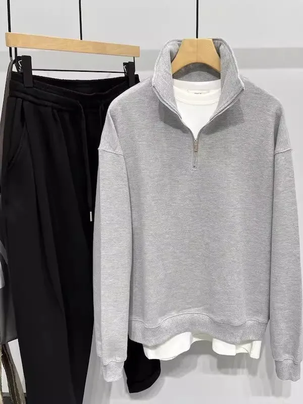 

Мужская толстовка-худи на молнии с воротником-стойкой, однотонная, свободного кроя, повседневная, из полиэстера, осенняя