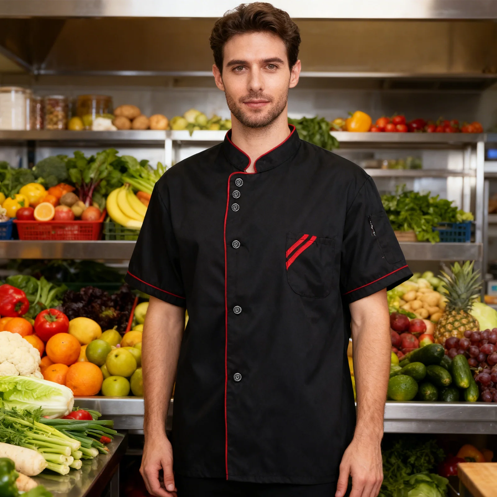 반팔 셰프 코트 블랙 유니섹스 주방 유니폼 통기성 케이터링 작업복 - 내구성 있는 셰프 재킷 남성용