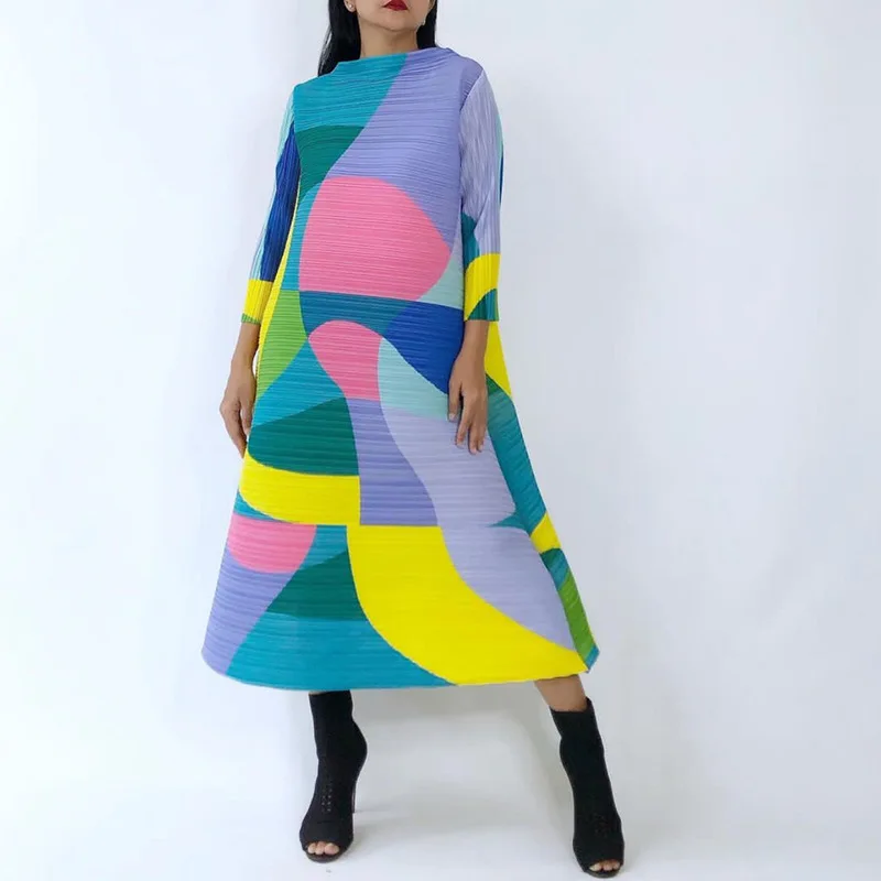 

GGHK Miyake Women's Color-Collision Printed Dress High Elastic Tie Loose Stand Collar Long Sleeve Dress 2023 Fashion Clothing