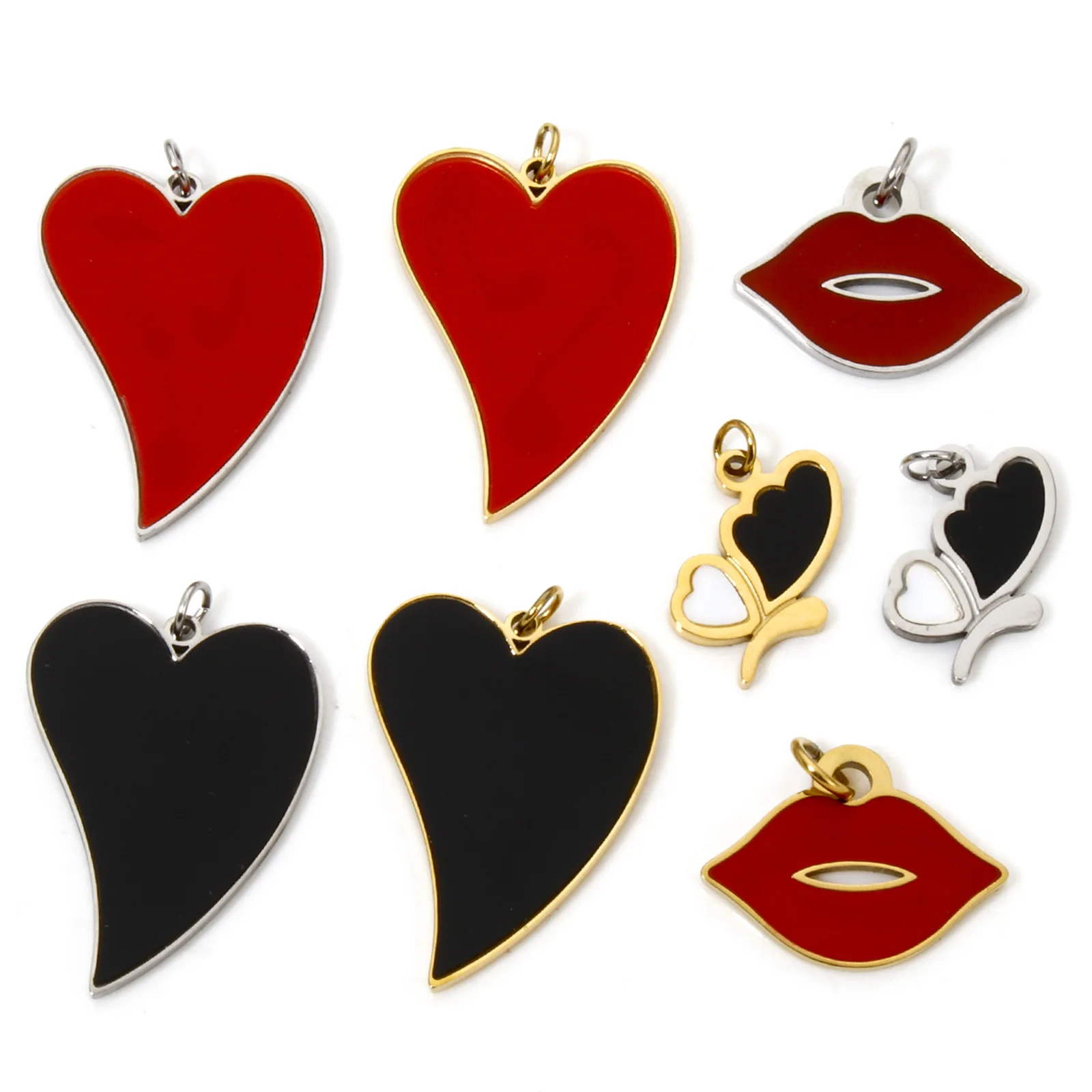 1pc New 304 Stainless Steel Charms Gold Color Heart Lip Black Red Enamel Pendant DIY Necklace For Women Party Jewelry Findings