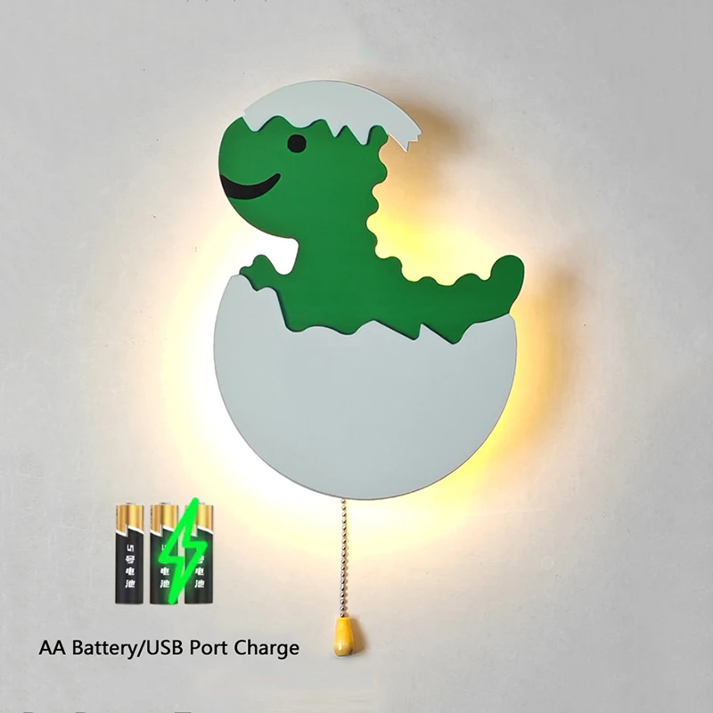 

Creative Children's Room Wireless Wall Lamps Green Yellow Egg Dinosaur Light AA Battery Operated Wall Lights for Kids Bedside