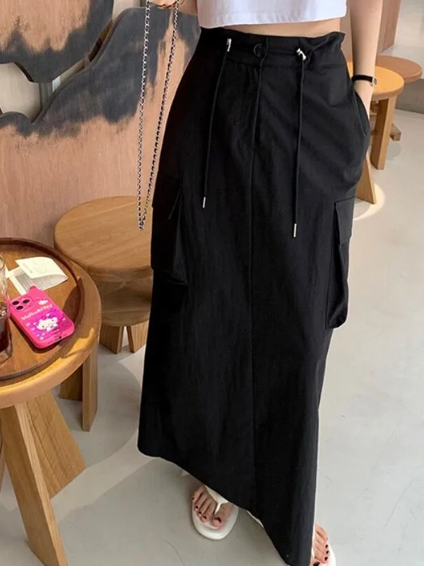 Korean Style Workwear  Skirt with Drawstring Waist Cinching Slimming Large Pockets for Women Spring Autumn Winter