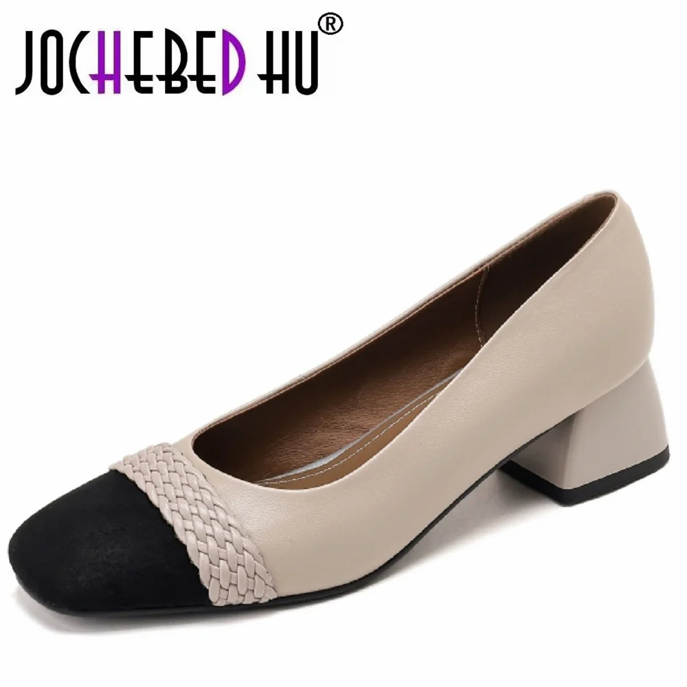 

【JOCHEBED HU】Подлинная кожа ручной работы, мягкие и удобные элегантные туфли на массивном каблуке с квадратным носком, повседневная одежда, размеры 34–40