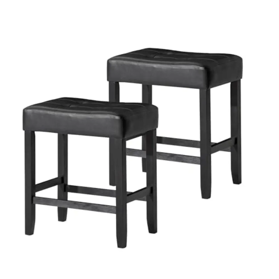 

Counter Height Backless Stool Set of 2 in Rustic Black Finish with Distressed Black Vegan Leather Upholstered Seat for Kitchen