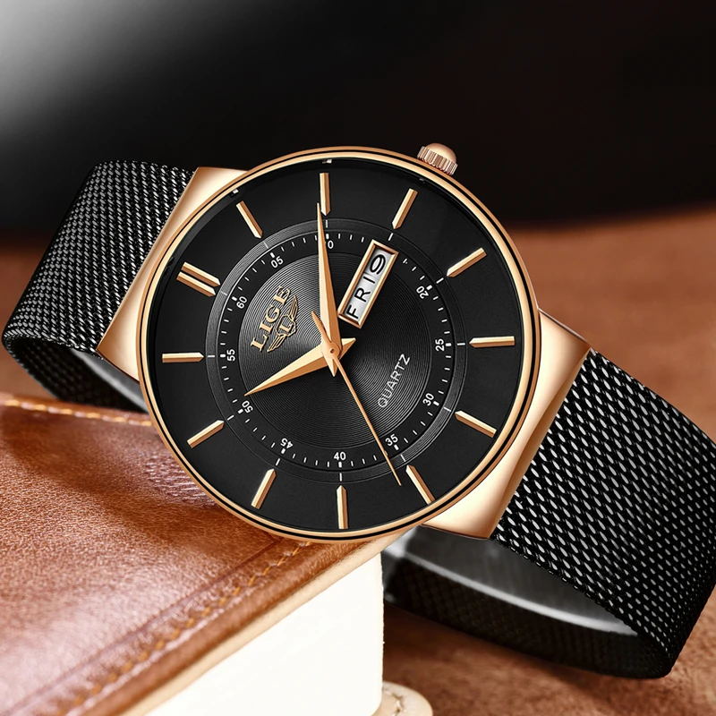 LIGE 2026 رقيقة جدا الفاخرة الرجال الساعات مقاوم للماء تاريخ ساعة الذكور الصلب حزام ساعة كوارتز عادية الرجال الرياضة ساعة معصم رجل