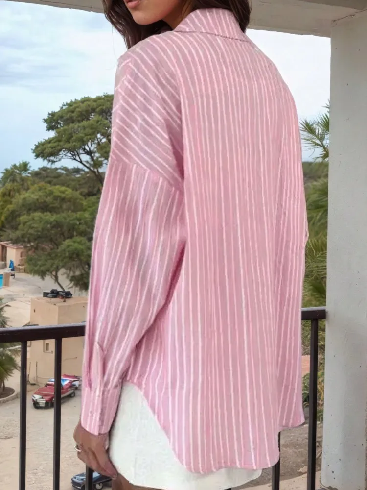 Camisa listrada casual para mulheres moda manga longa turn-down colarinho botão camisas topos senhora elegante escritório roupas femininas novo