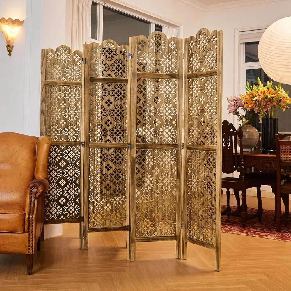 6 Panel Wood Folding Room Divider Privacy Screen, 68.9in Free Standing Partition, Dark Brown