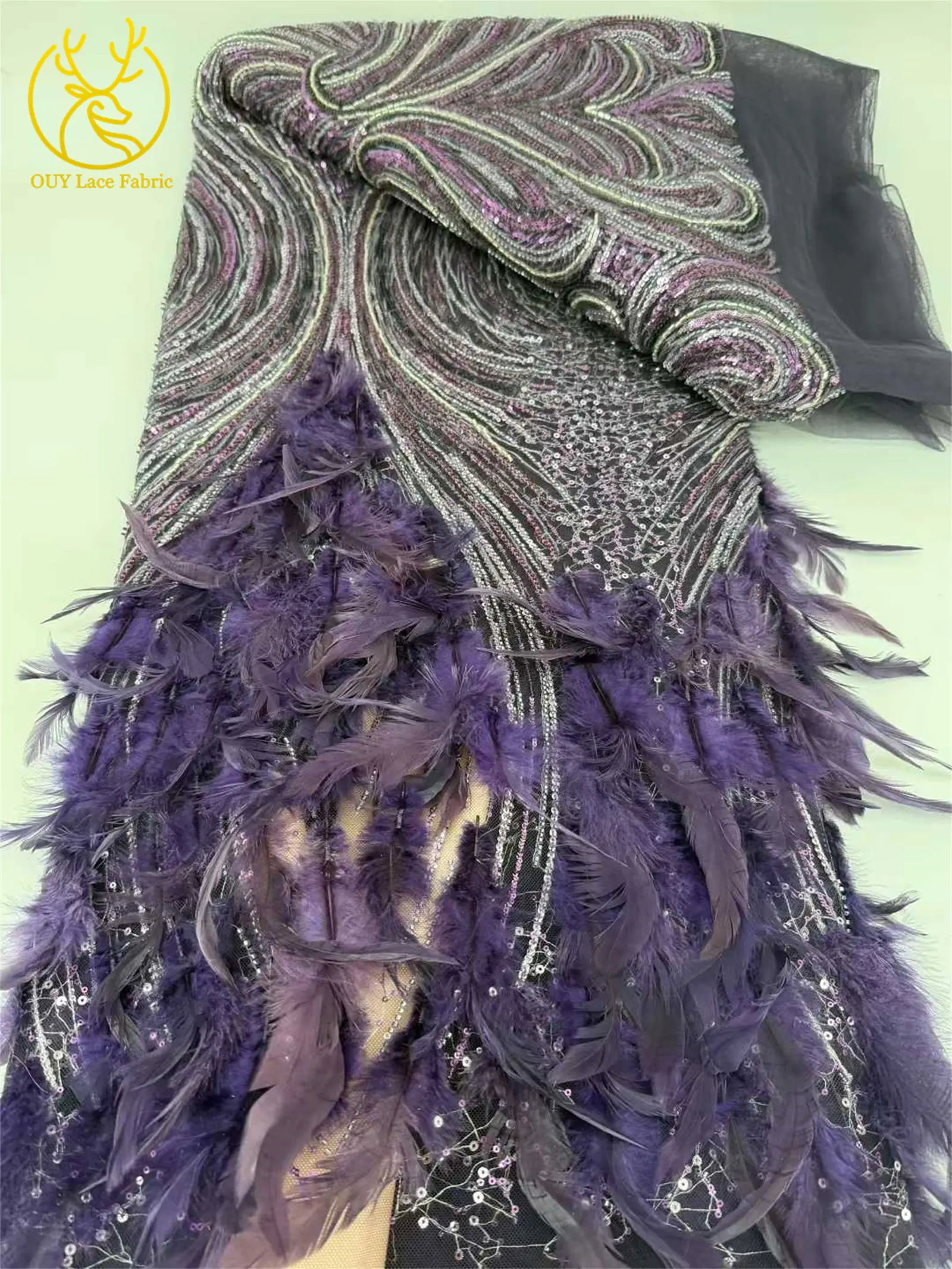 Lila 3D-Feder afrikanischer Perlen-Spitzenstoff 2026 Luxus nigerianischer Pailletten-Spitzenstoff Haute Couture Kleid Nähmaterialien – Detail 11