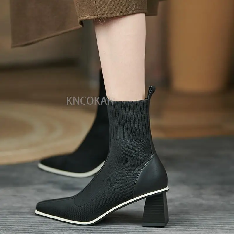 high-heeled ankle boots women 2022 autumn winter retro knitted elastic stockings thick heel ankle boots pointed short boots