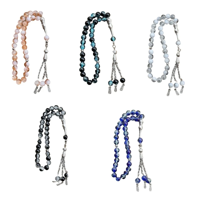 573B Islamic 33 Beads Rosary Ice Cracked Glass Tasbih Handmade Bracelet for Muslims Worship and Meditation Ceremony Use