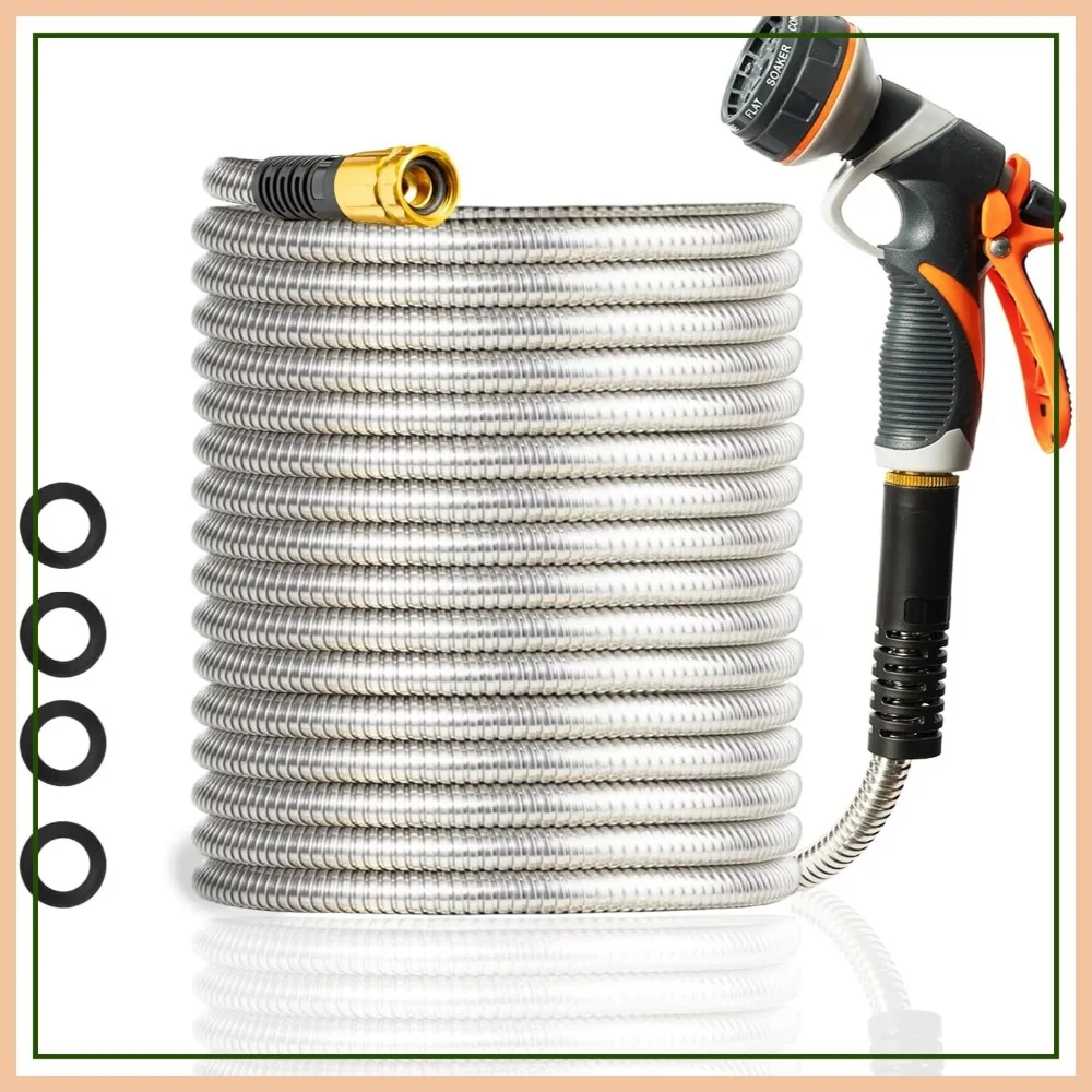 

125FT Heavy Duty Metal Garden Hose with Brass Nozzle, No Kink & Tangle, Puncture Resistant for Outdoor Use