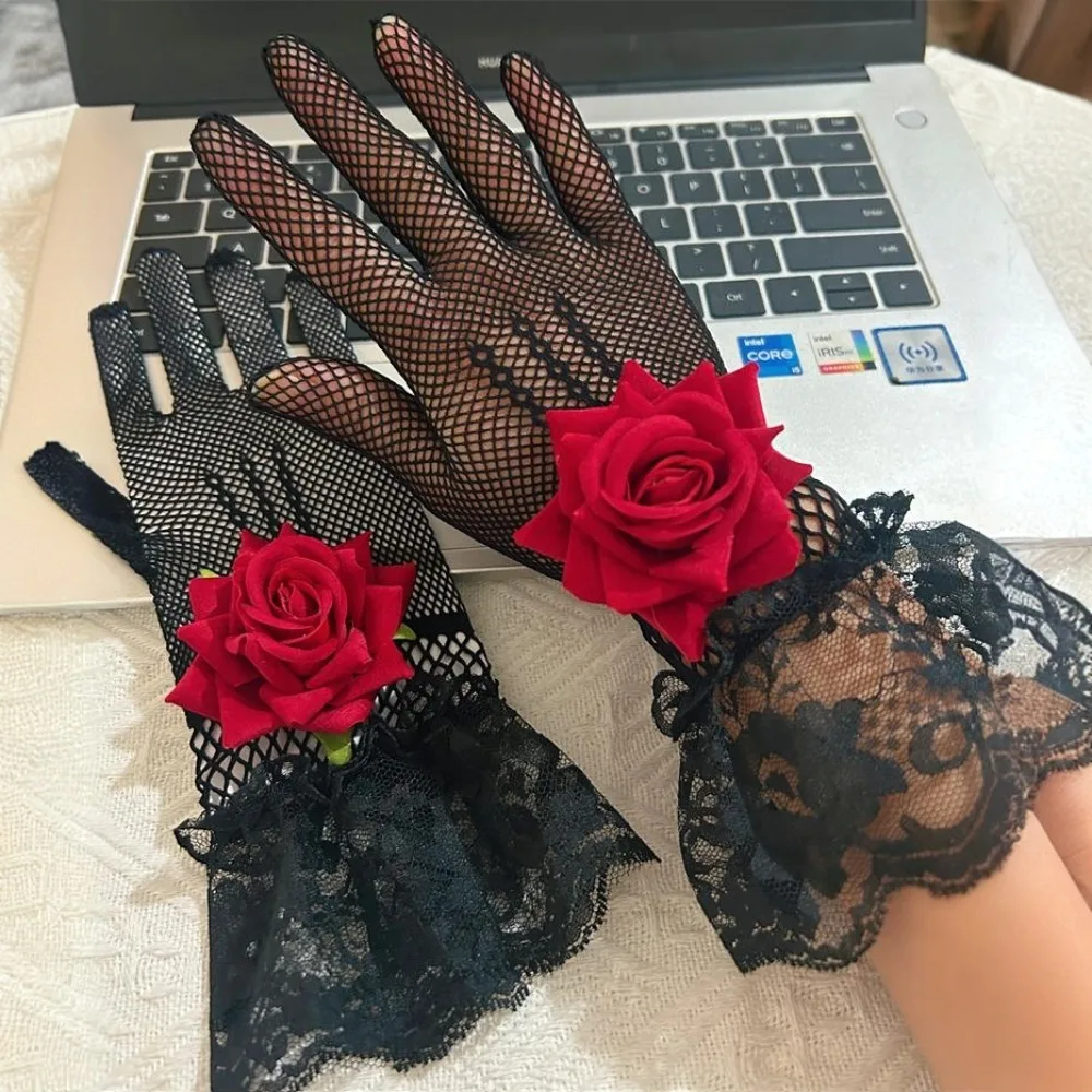 New Rose Flower Lace Mesh Mittens Cosplay Party Dress Performance Gloves Punk Hip Hop Dance Costume Wedding Bridal Gloves Sexy