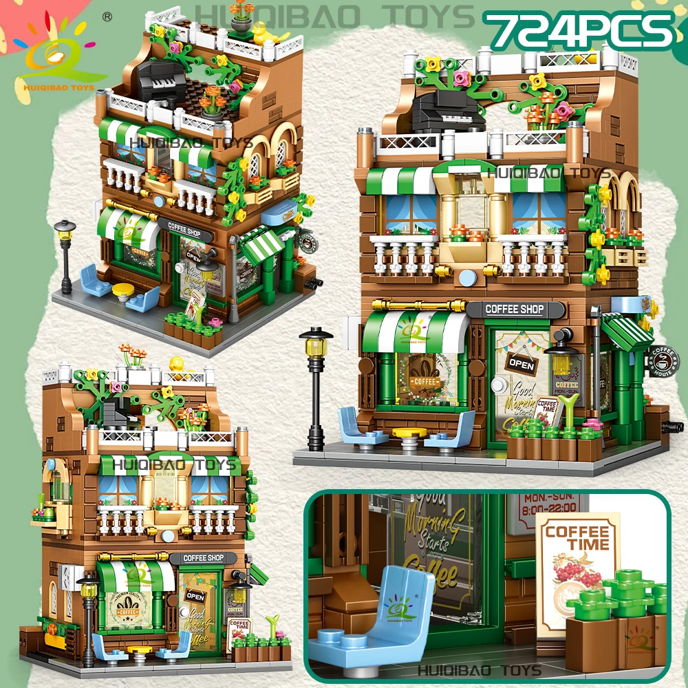 HUIQIBAO City Street View Supermarket Coffee Burger Shop Hotel Model Building Blocks DIY Architecture Bricks Toys Adult Gift
