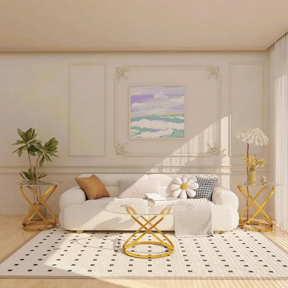 Modern 39.4 Round Glass Coffee Table with Gold Ring Frame for Living Room