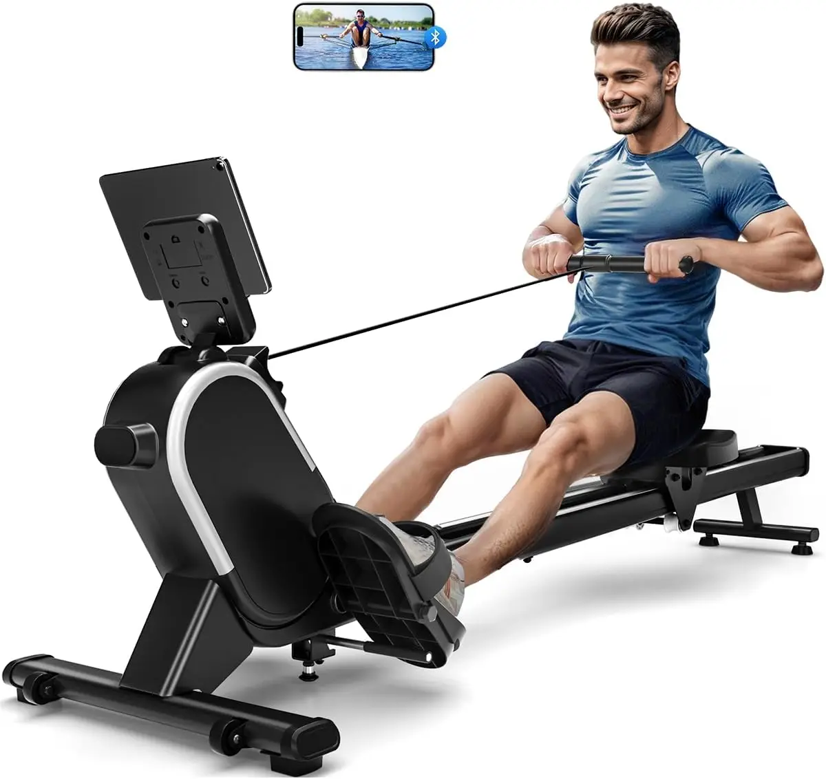 Magnetic Rower Machines for Home 350 LB Weight Capacity, 16 Levels Resistance Row Machine with Dual Slide Rail, Bluetooth, App C