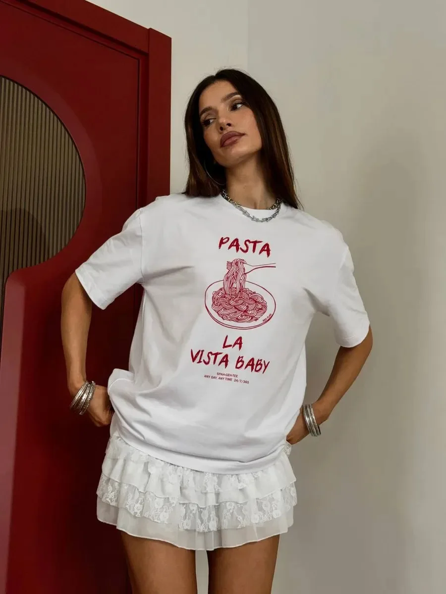 Street Sle Oversize Cotton T-irt Women's ort Sve Print Food Pasta Design Cool Sweet Hot Girl Vintage American Retro