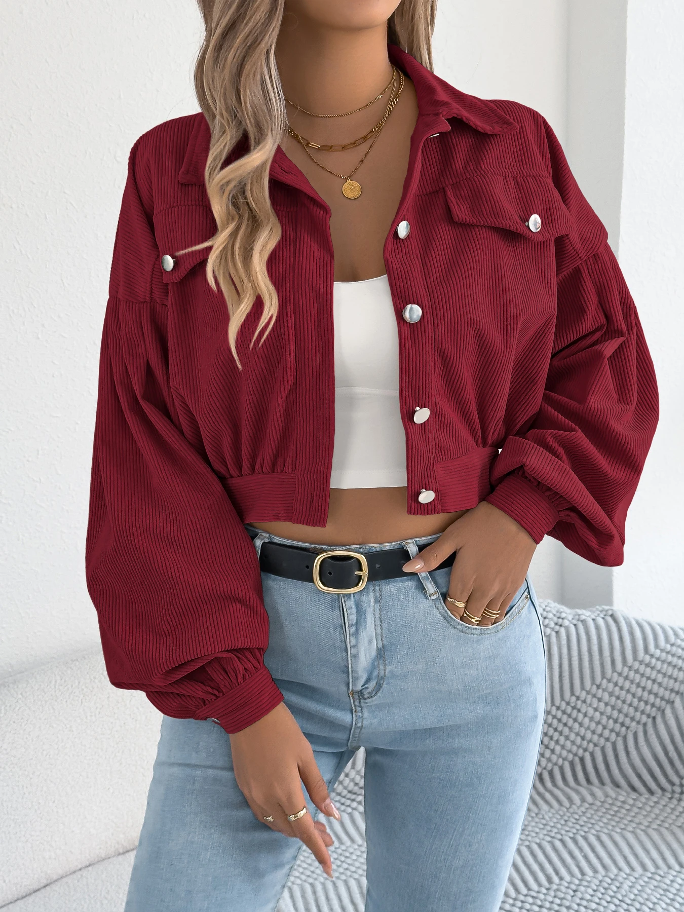 Manšestrová bunda pro ženy, podzim/zima | Krátká klopová bunda s dlouhým rukávem, falešnými kapsami a zapínáním na jeden knoflík, ležérní svrchní oblečení - náhled 6