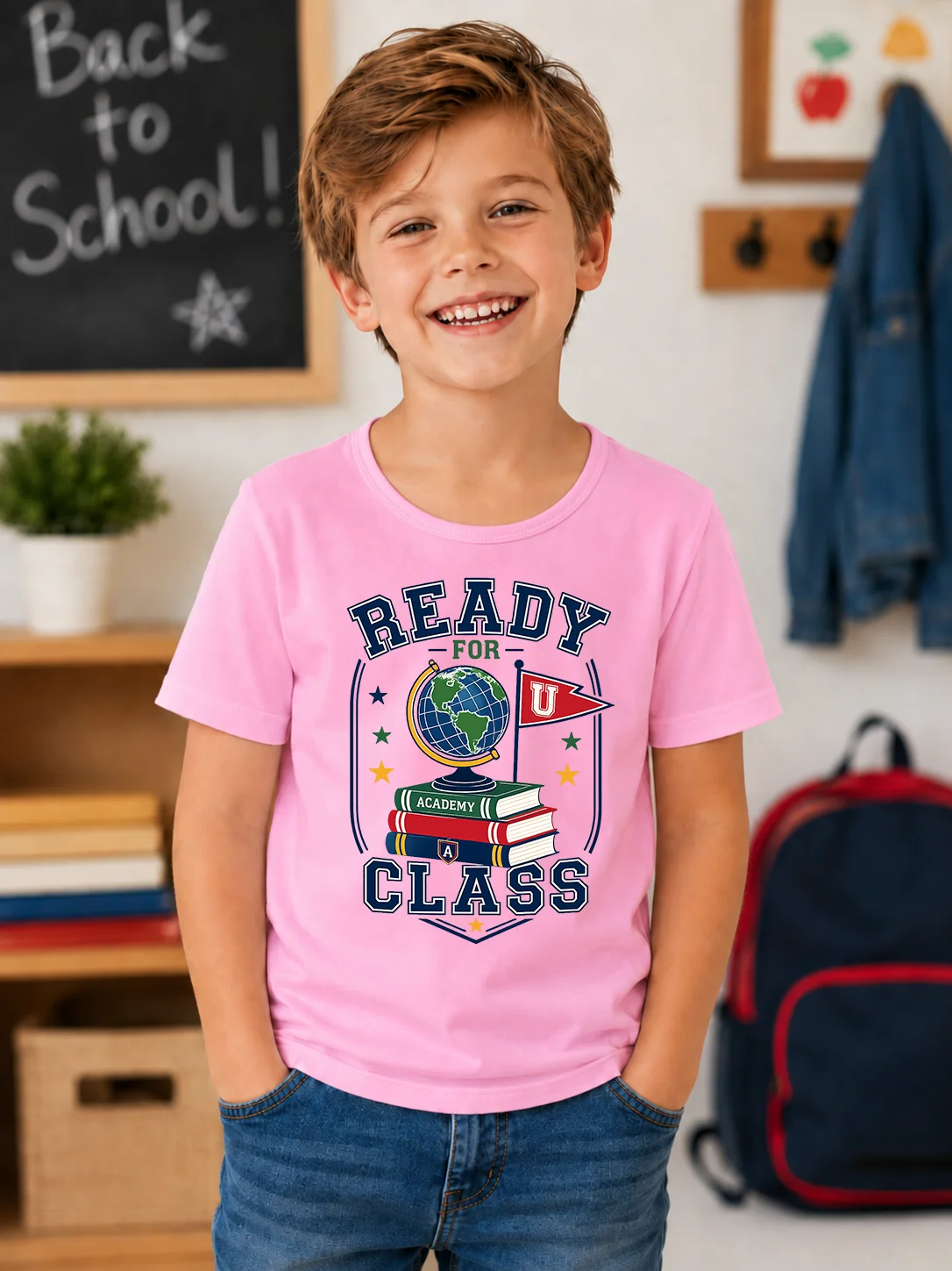 Children Back To School Graphic Tee Ready For Class Print Boys Pink Short Sleeve Casual T Shirt