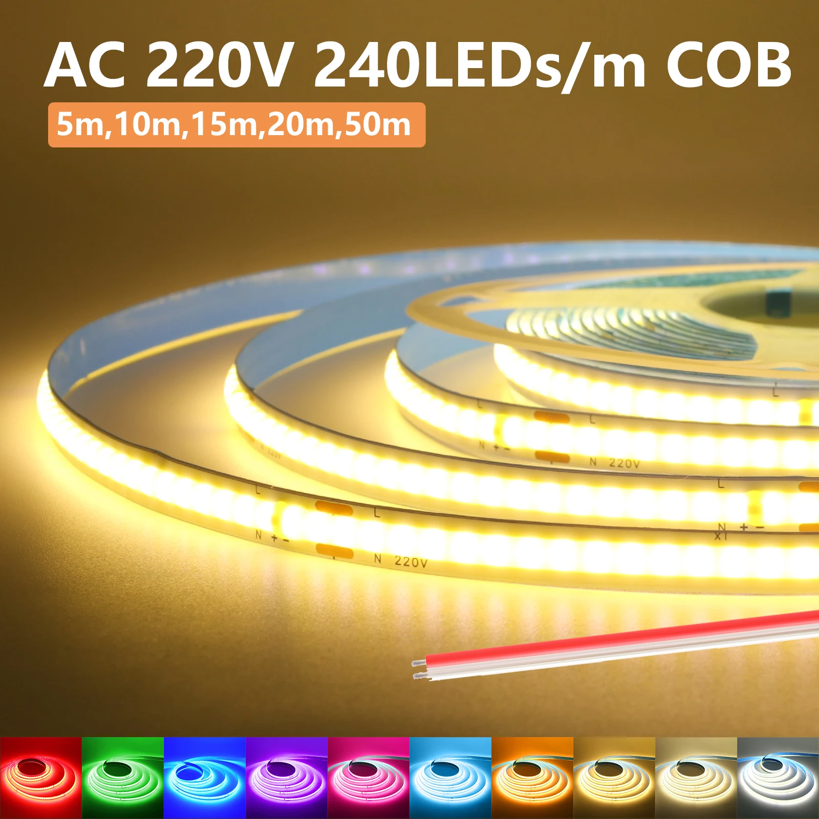 5M 10M 20M 50M COB LED-strip 220V 8mm PCB-plakband 240 LEDs / m Hoge dichtheid lineaire verlichting Wit Rood Groen Ijsblauw Paars