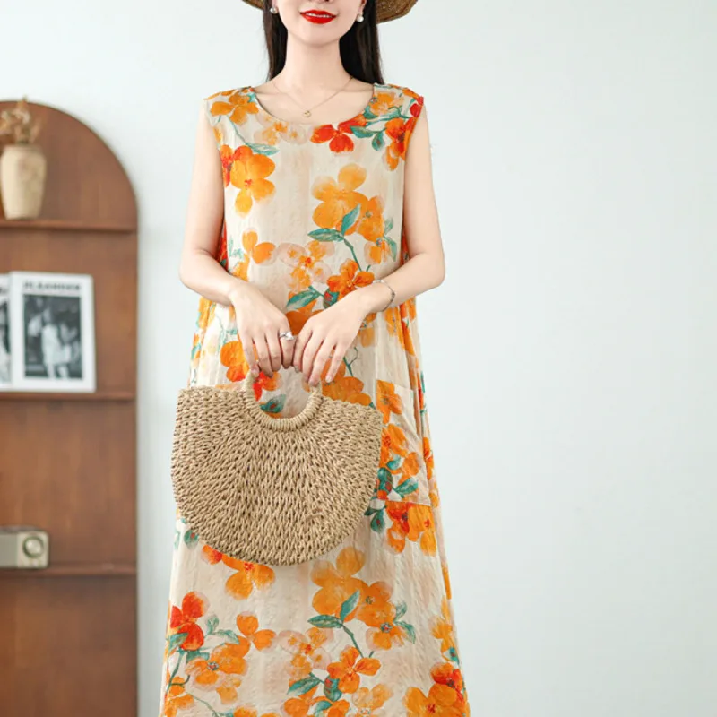 # 3945 Summer Boho Beach A-line Dress Round Neck Floral Printed Sleeveless Tank Top Dress Loose Vintage Long Dress Thin A-line