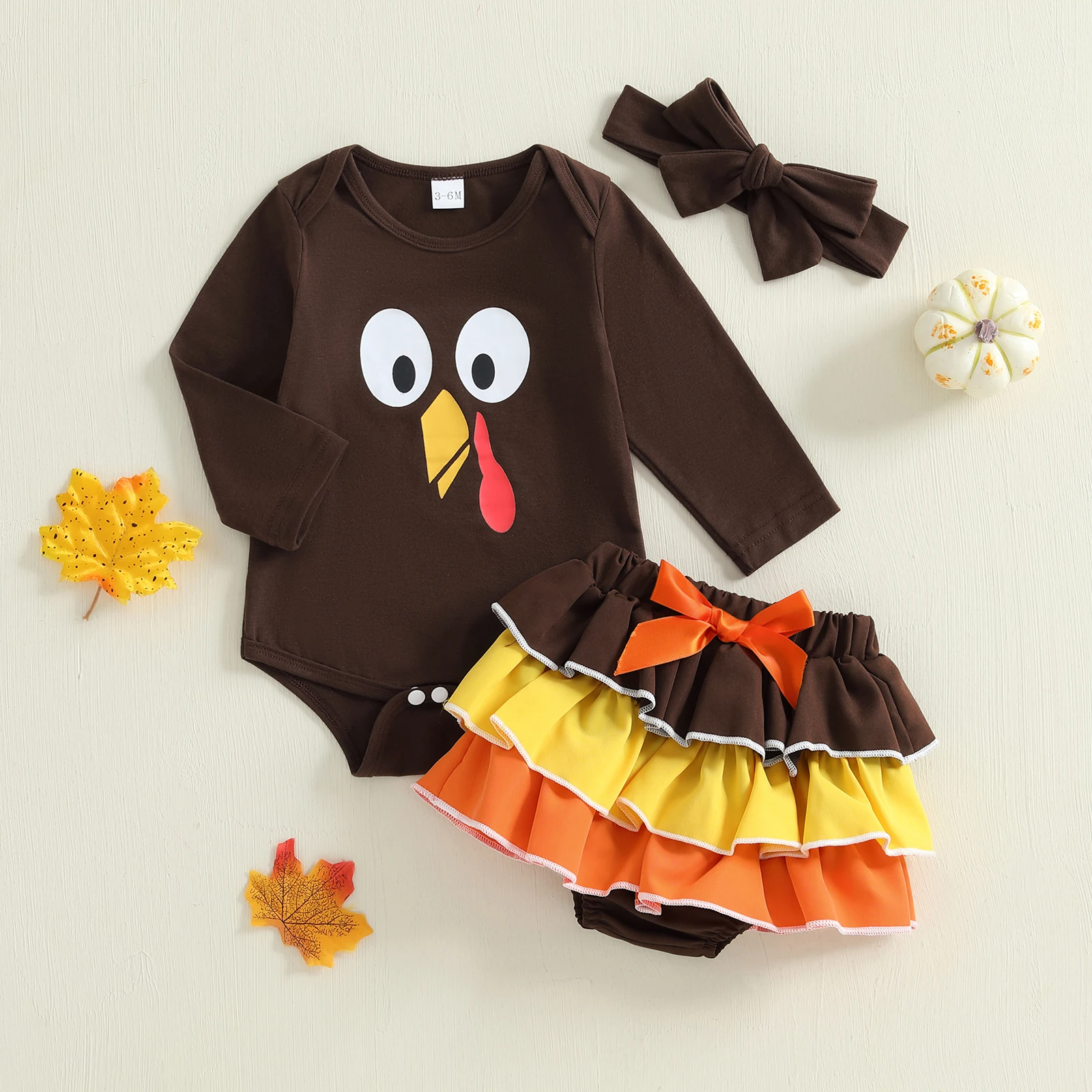 

Baby Girl Thanksgiving Outfit Turkey Print Long Sleeve Romper Layered Mini Skirt and Bow Headband 3 Pcs Set for Fall