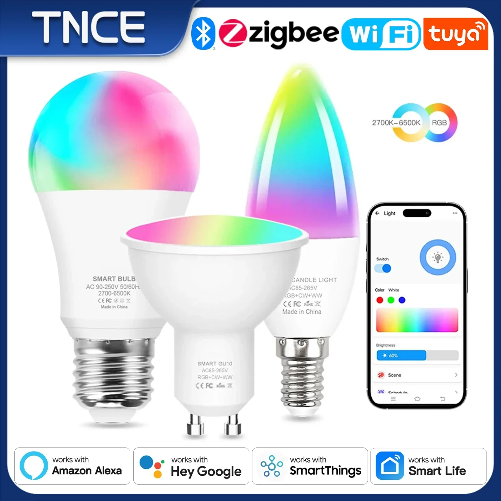 

TNCE Tuya WIFI Zigbee E27 GU10 E14 Лампа с регулируемой яркостью 2700-6500k RGB, приложение Smart Life, голосовое управление, работает с Alexa Google Home