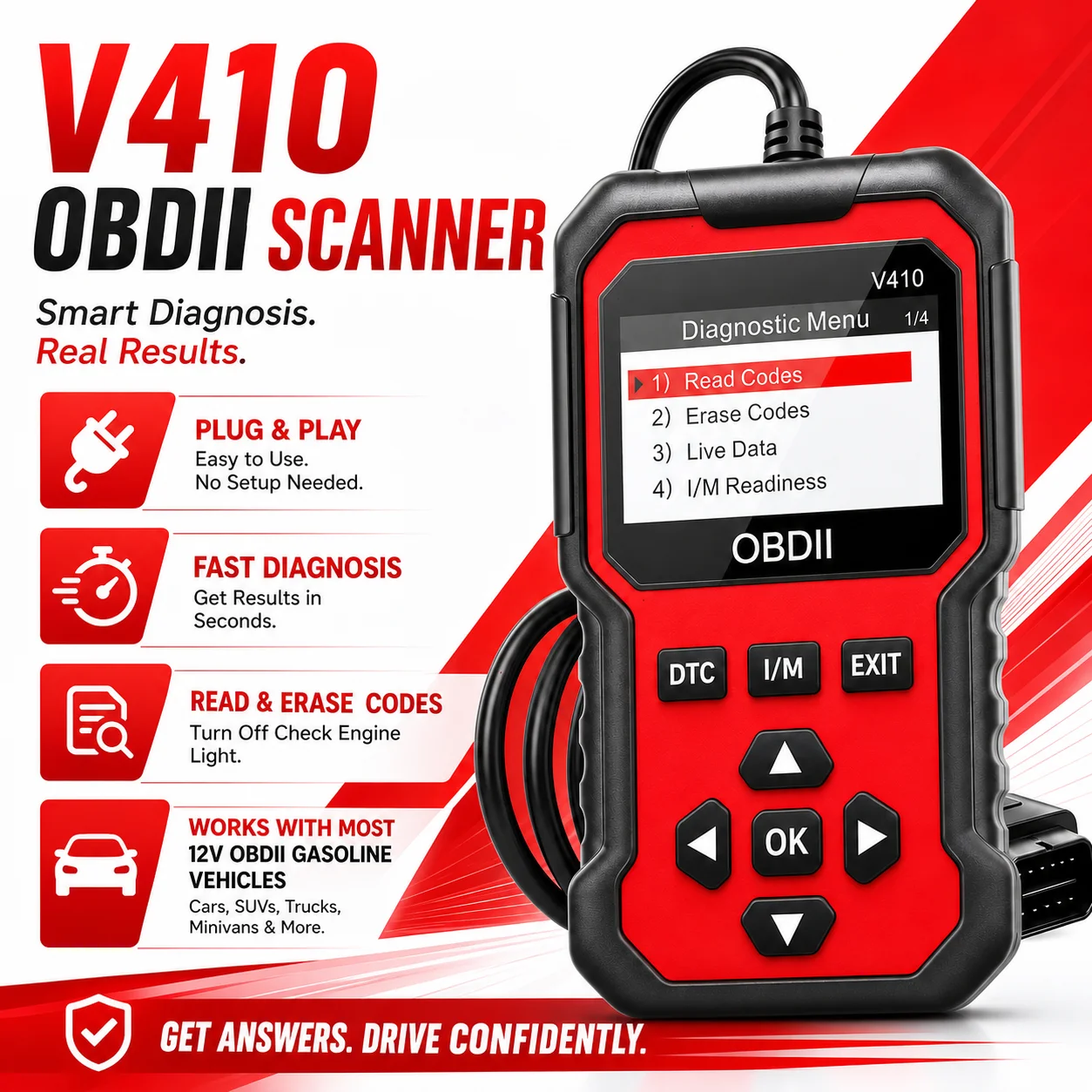 V410 OBD2 Scanner Diagnostic Tool, Engine Code Reader & Code Eraser, Live Data Stream, I/M Readiness, Battery Voltage Test