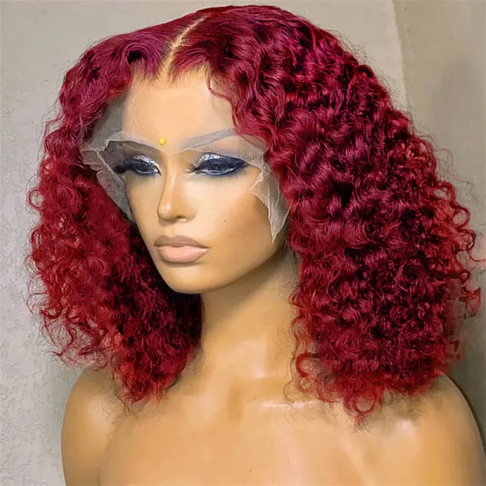 

99j Soft Short Bob Burgundy Glueless 180Density Kinky Curly Deep Lace Front Wig For Women With Baby Hair Preplucked Daily