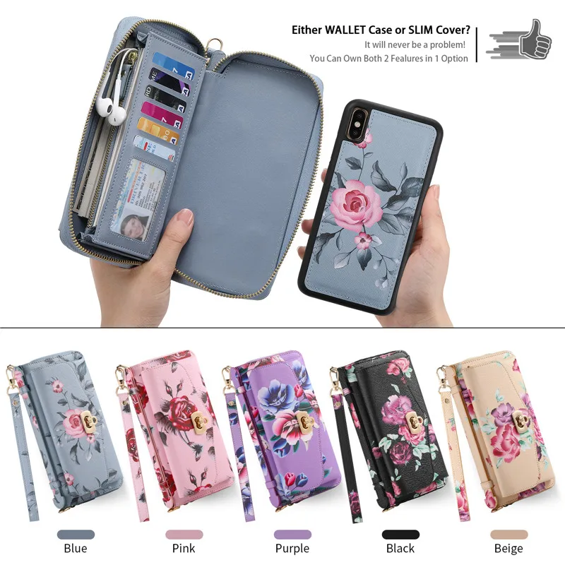 Retro Flower Multi-function Case For Iphone 7 8 Plus X Xs XR 11 Pro Max Long Lanyard Zipper Leather Magnetic Wallet Split Cover