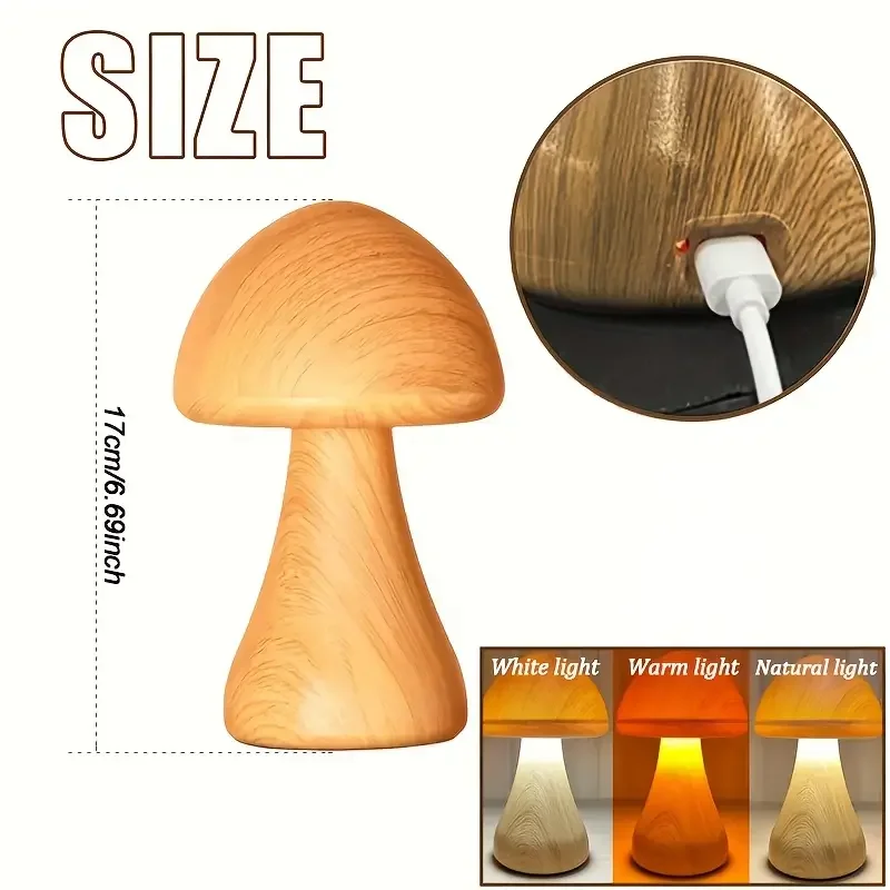 1pc Rechargeable Led Mushroom Night Light With Touch Sensor In 3 Colors USB Charging Lamp Wood Grain Design for Home Decor