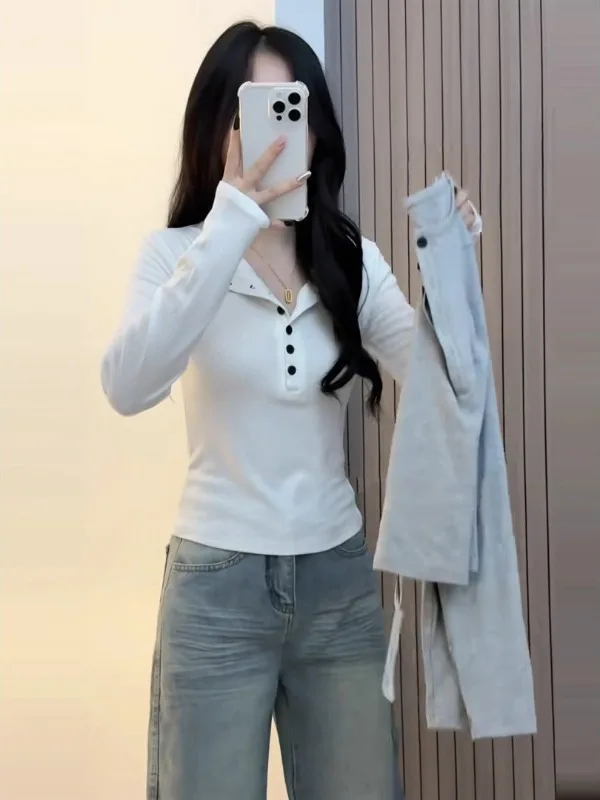 

Женская футболка больших размеров с длинным рукавом, воротником хенли, приталенная, базовый слой, с цветными вставками, на пуговицах, осенняя, тонкая, для повседневной носки