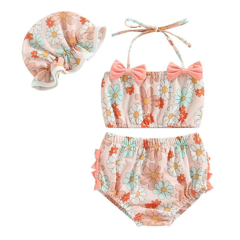 Baby Girls Three Piece Swimsuits Floral Print Halter Bikini Set Bathing Suit with Swim Cap