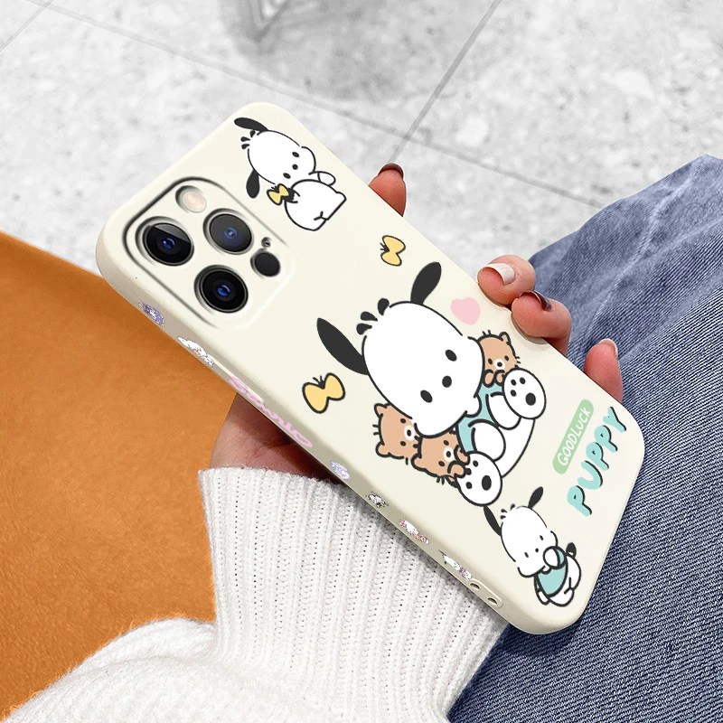 Sanrio Pacha Dog Cartoon Liquid Left Rope For Apple iPhone 15 14 13 12 11 XS XR X 8 7 SE Pro Max Plus Mini TPU Phone Case