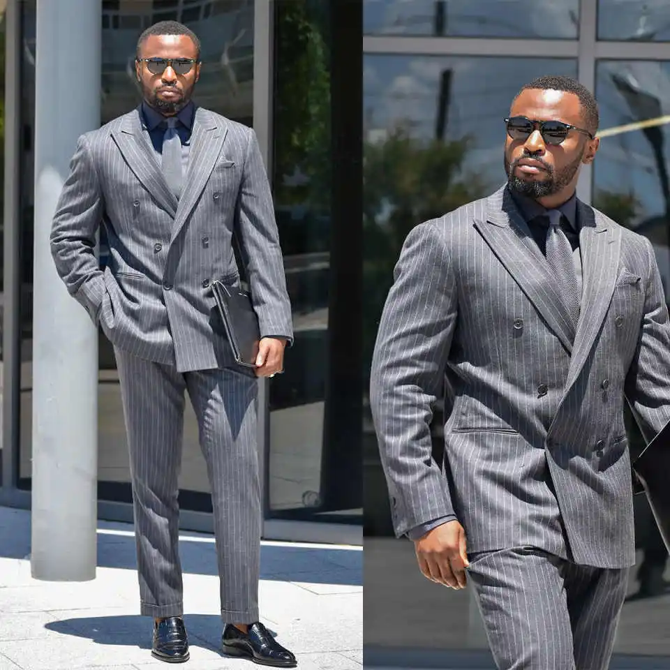 

Модные мужские костюмы в полоску, комплект из 2 предметов, пиджак, двубортный деловой пиджак для жениха, повседневный выпускной, индивидуальные trajes para hombre