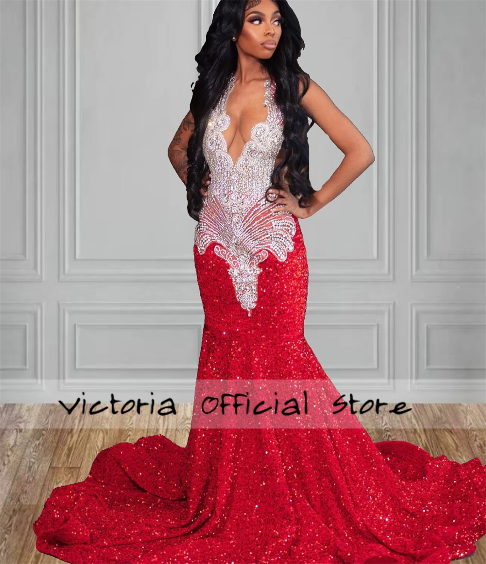 Fantastic Red Sequin Prom Dresses 2025 Crystal Beading Halter Christmas Party Dress Black Girls Cocktail Gown Mermaid Customized