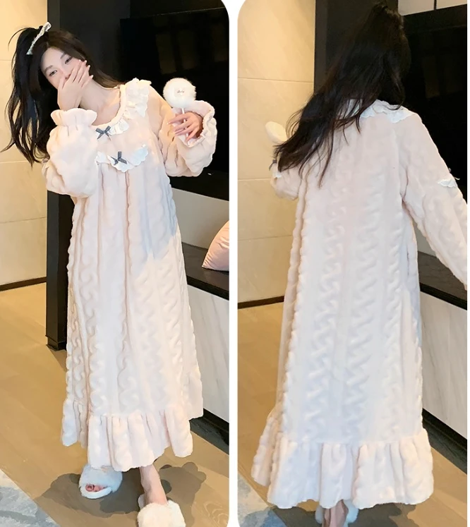 Pigiama da donna autunno inverno nuovo dolce girocollo con fiocco principessa camicia da notte in flanella manica lunga carino allentato riduzione dell'età
