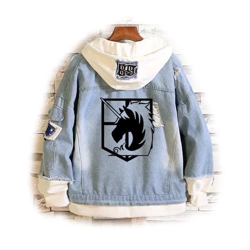 Attack on Titan Jeans Jacket Scout Regiment Cosplay Denim Jacket Autumn Eren Jager Hooded Sweatshirt Outwear Coat