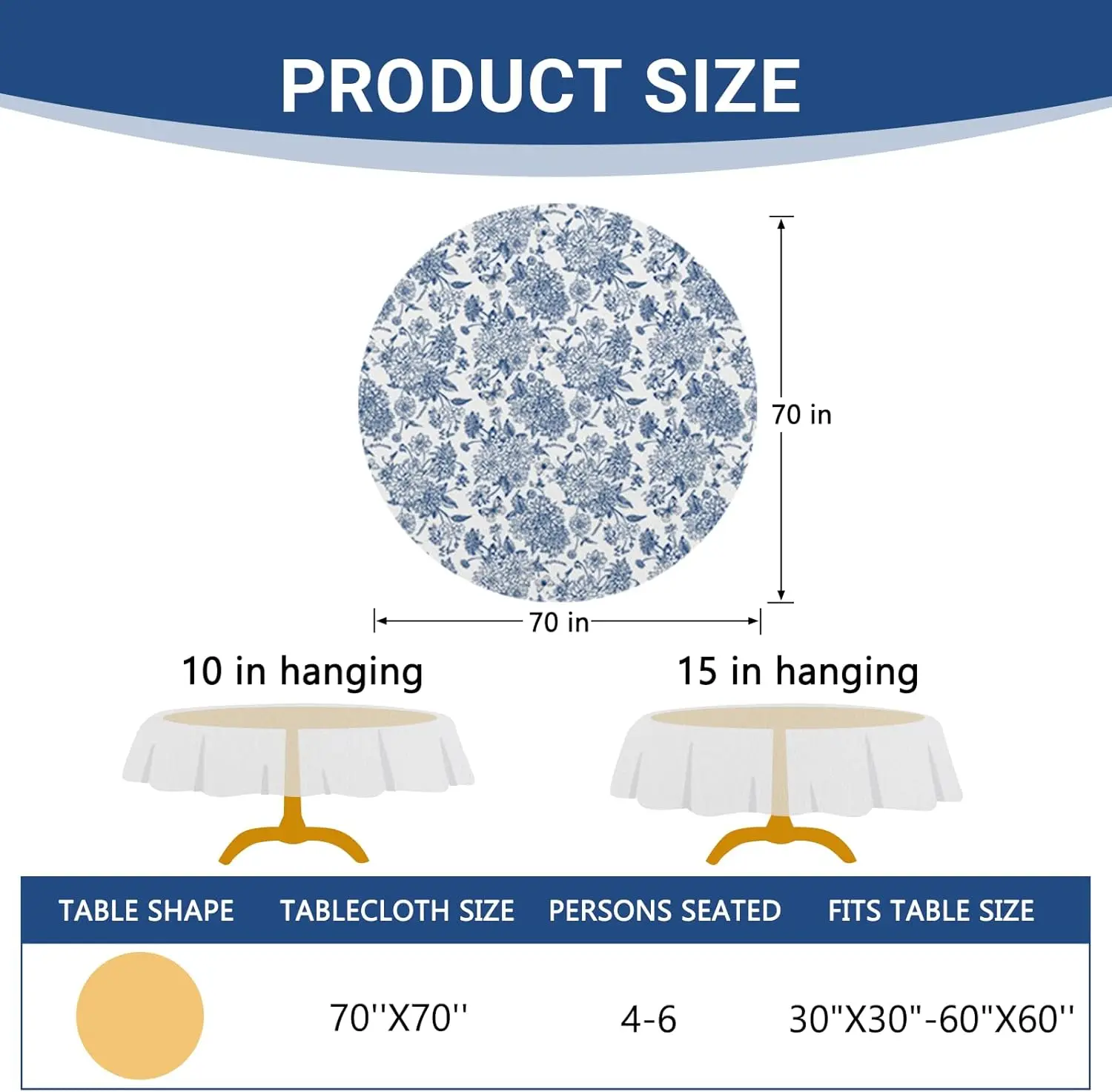 Chinoiserie Flower Round Tablecloth Blue and White Porcelain Floral Butterfly Decorative Dining Table Cloth