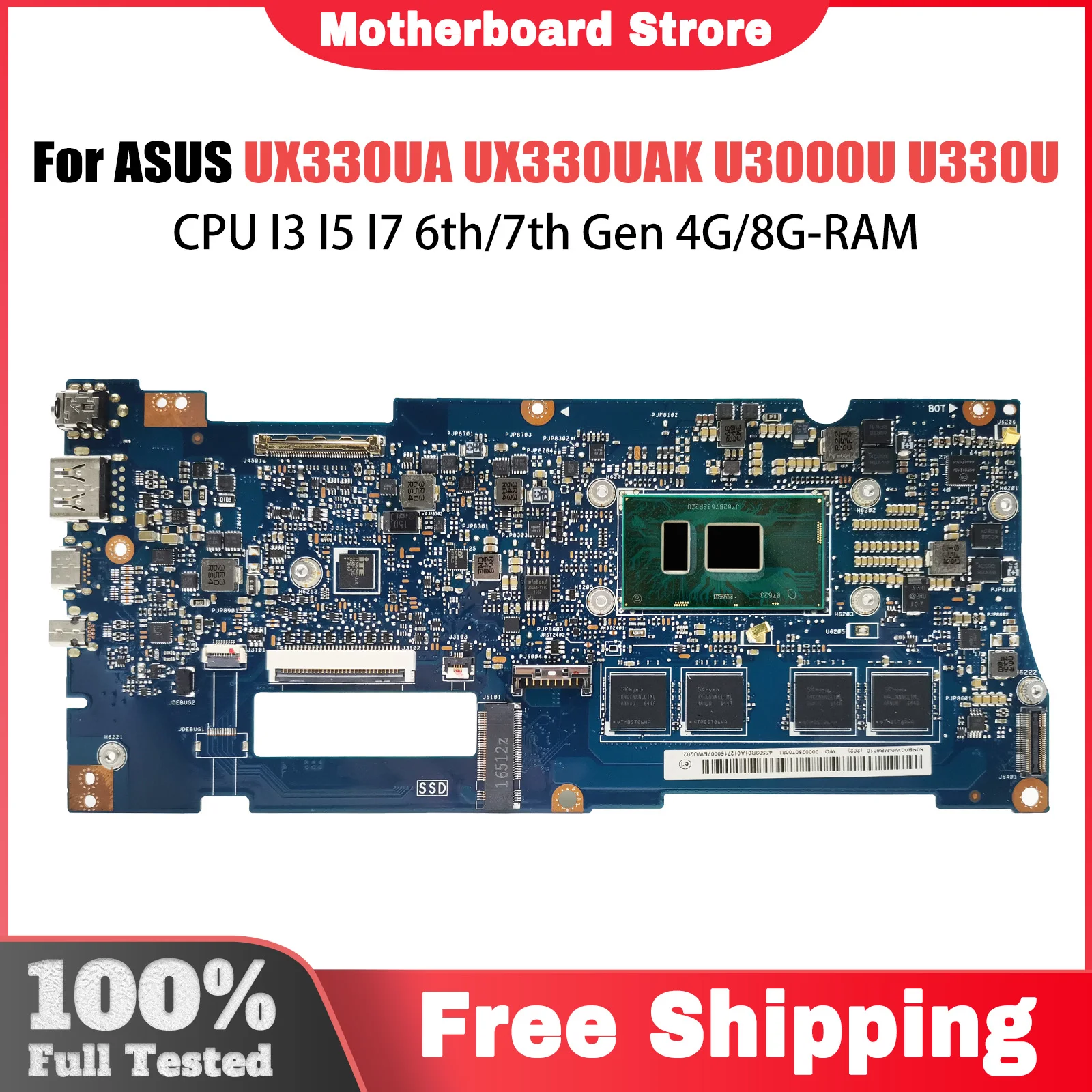 UX330UA Mainboard For ASUS ZenBook U330UA UX330U UX330UAK U3000U Laptop Motherboard CPU I3 I5 I7 6th/7th Gen 4G/8G-RAM