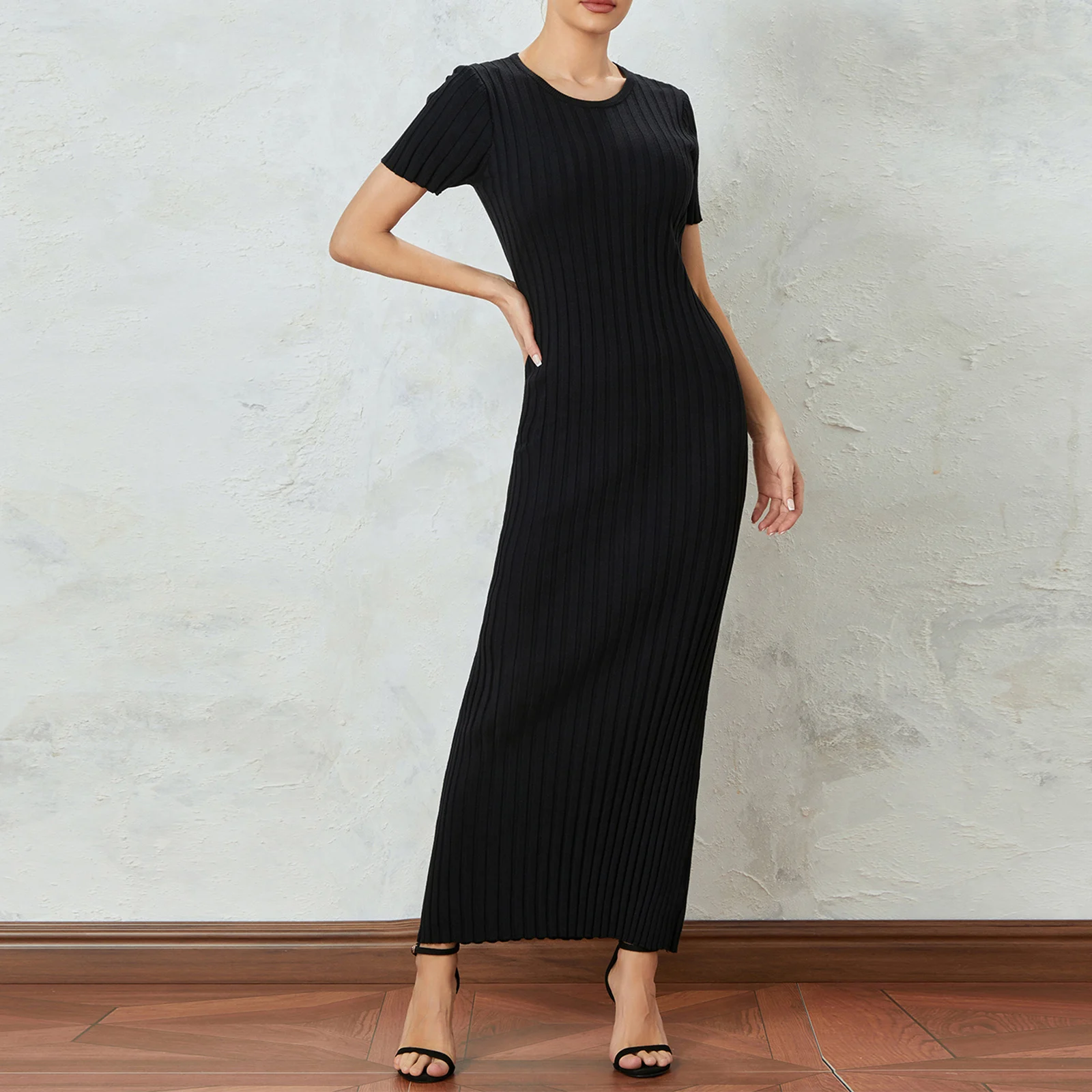 Women Fashion Long Dress Solid Color Round Neck Short Sleeve Dress Summer Tie-Up Party Rib Knit Dress