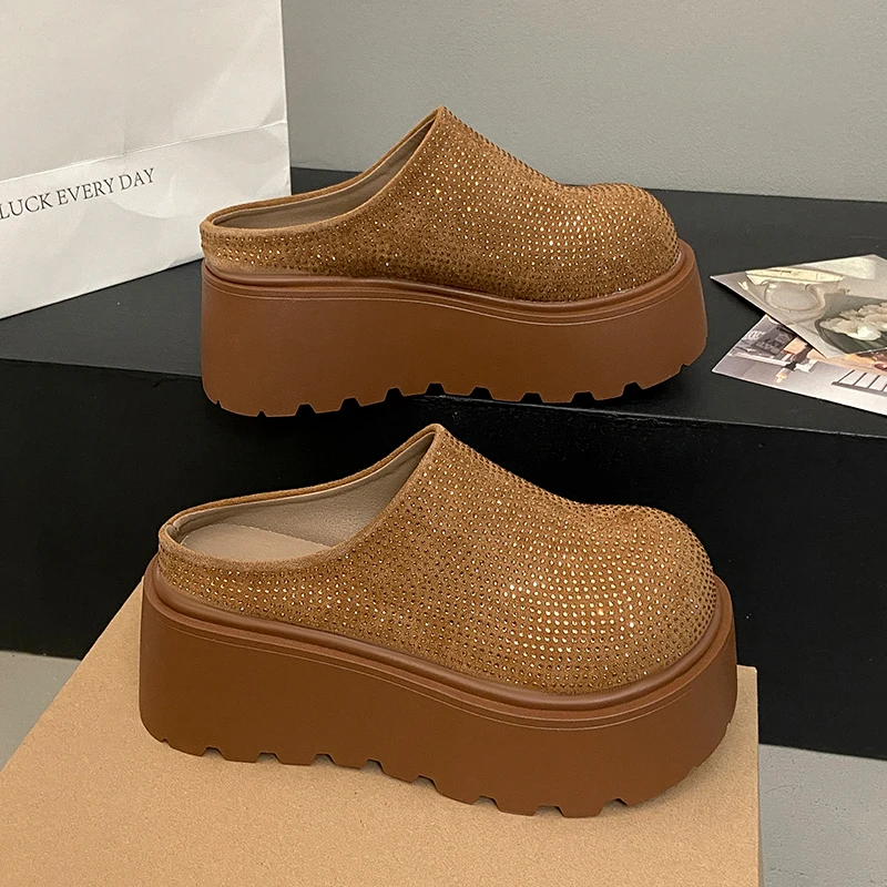 Chaussures plates à plateforme pour femmes, Mules, pantoufles en cristal, sandales d'été à la mode, tongs de course, Slingback, chaussures décontractées, 2025