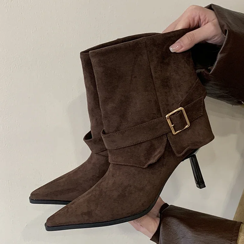 

Belt Buckle Design Winter Women's Ankle Boots Sexy Pointed Toe Suede Modern Boots Luxury Banquet Thin High Heel Designer Shoes