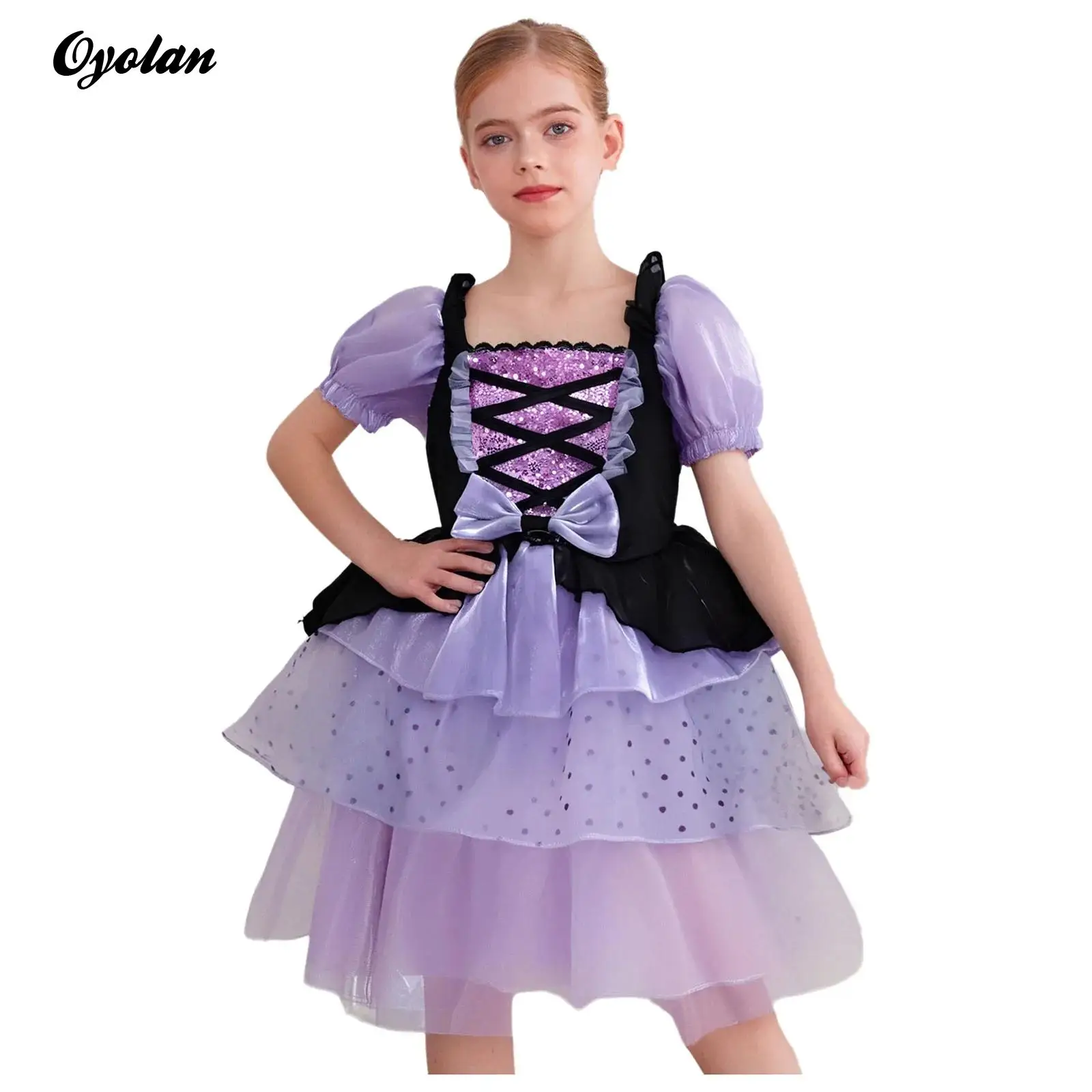 

Girls Princess Sequins Carnival Cosplay Costume Front Waist Bow Layered Hem Puffy Skirt for Dance Studio Performance Recital